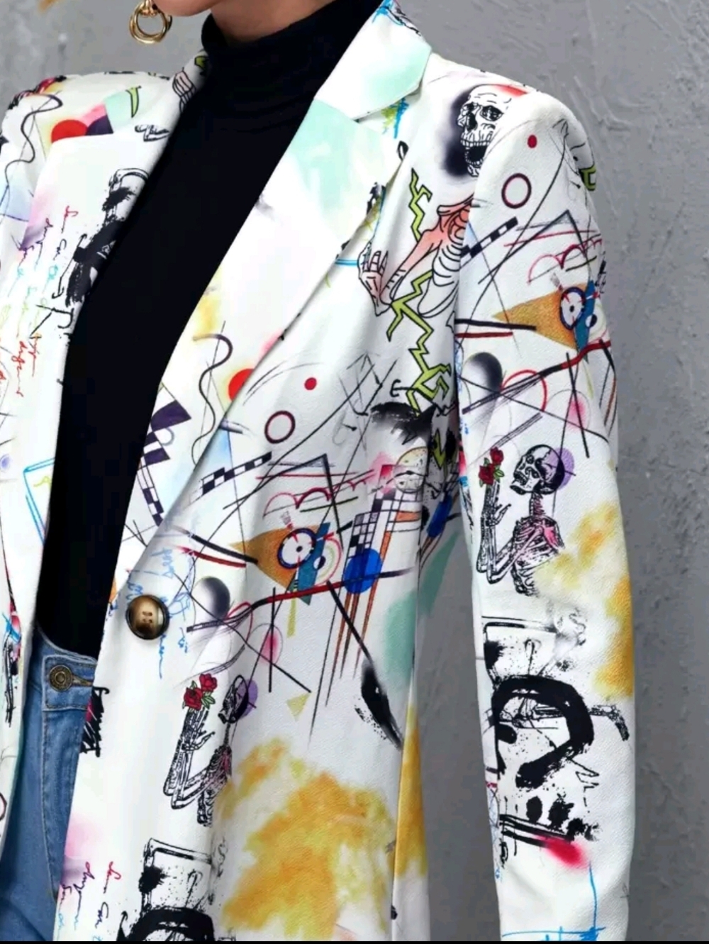 Abstract Print White Open Blazer Jacket - Picture 4 of 5